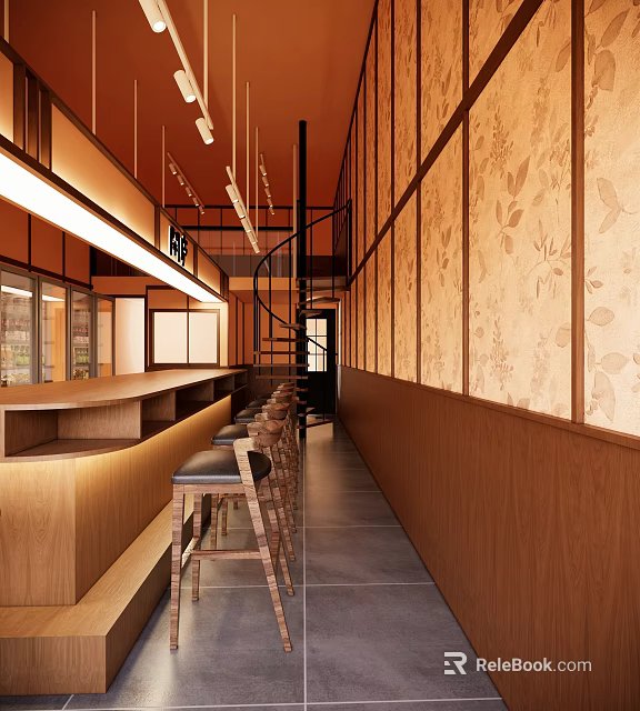 Restaurant Interior Design With Orange Walls Spiral Staircase Wooden Bar Stools And Patterned Partitions 3d model 