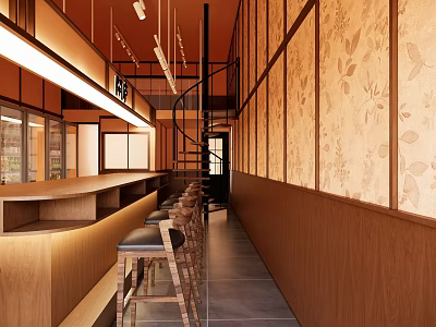 Restaurant Interior Design With Orange Walls Spiral Staircase Wooden Bar Stools And Patterned Partitions 3d model