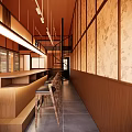 Restaurant Interior Design With Orange Walls Spiral Staircase Wooden Bar Stools And Patterned Partitions