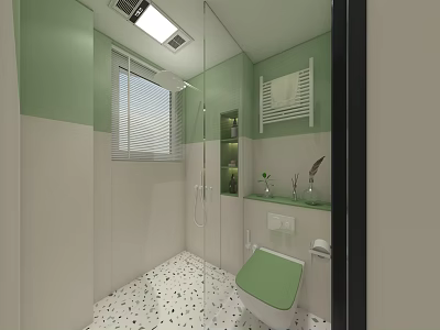 Modern Two Tone Green And Beige Bathroom With Terrazzo Floor And Glass Shower Enclosure 3d model