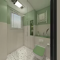 Modern Two Tone Green And Beige Bathroom With Terrazzo Floor And Glass Shower Enclosure