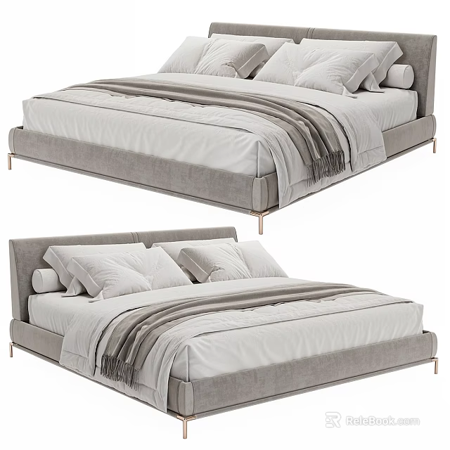 Modern Double Bed With Gray Upholstered Frame White Bed Sheets Striped Throw Blanket And Pillows 3d model 