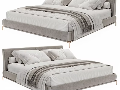 Modern Double Bed With Gray Upholstered Frame White Bed Sheets Striped Throw Blanket And Pillows 3d model