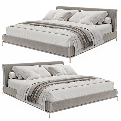 Modern Double Bed With Gray Upholstered Frame White Bed Sheets Striped Throw Blanket And Pillows 3d model