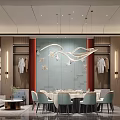 Elegant Private Dining Room with Round Table Stone Wall and Pendant Lights 3d model