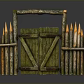 Rustic Wooden Gate With Fence And Torches In Outdoor Decorative Setting