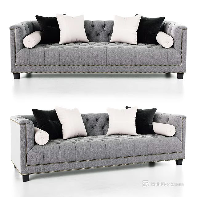 Gray Two Seater Sofa With Button Tufted Design And Black White Pillows 3d model