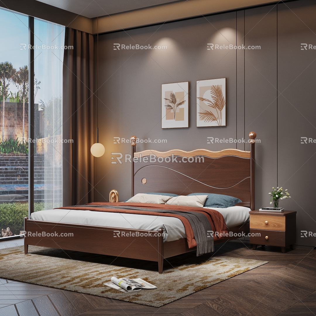 Nordic Bedroom Solid Wood Double Bed 3d model