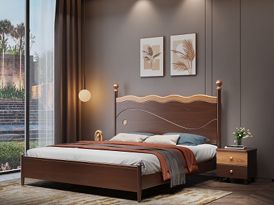 Nordic Bedroom Solid Wood Double Bed 3d model