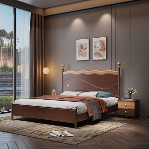 Nordic Bedroom Solid Wood Double Bed 3d model