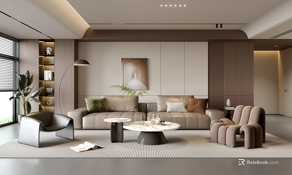 Modern Living Room Interior Design With Beige Sofa Brown Armchairs Coffee Table And Decorative Painting 3d model 