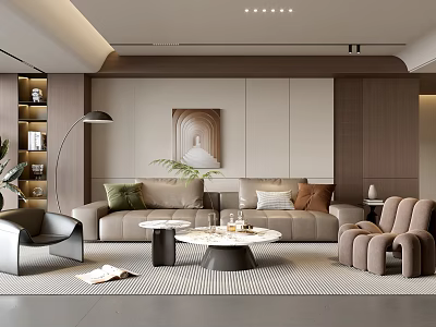 Modern Living Room Interior Design With Beige Sofa Brown Armchairs Coffee Table And Decorative Painting 3d model