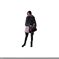 Stylish Woman Wearing Beige Coat Plaid Scarf Holding Patterned Handbag And Fitted Pants