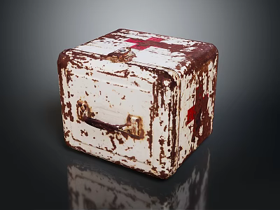Vintage First Aid Box Design With Rusted White Surface Red Cross Symbol And Metal Handle 3d model