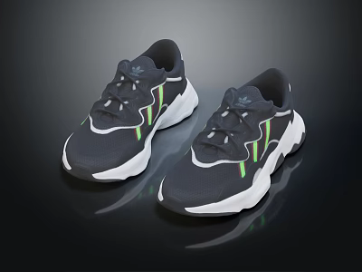 Dark Gray Sporty Sneakers With White Sole And Green Yellow Stripes For Casual Wear 3d model