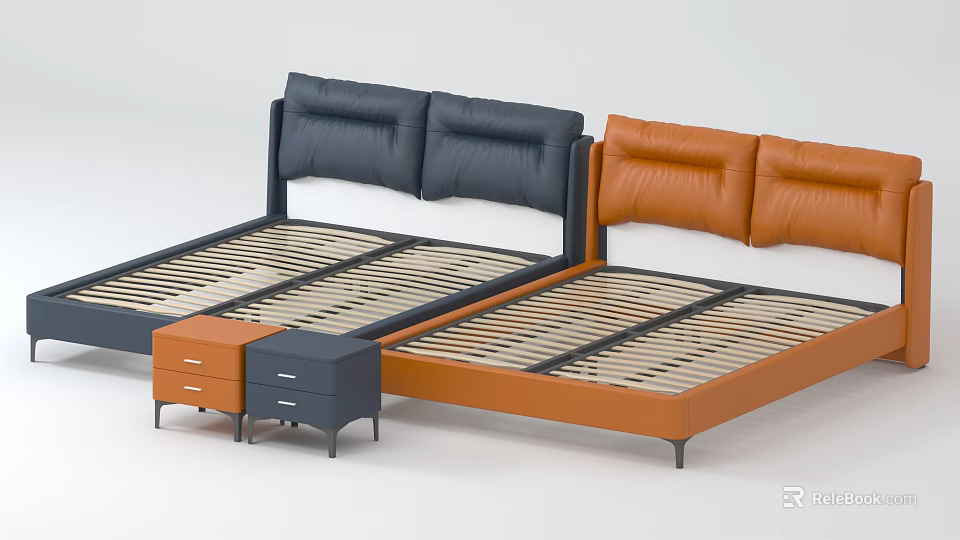 Modern Double Bed Frame With Blue And Orange Leather Headboards And Nightstands 3d model 