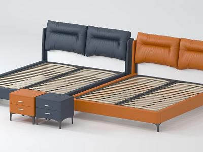 Modern Double Bed Frame With Blue And Orange Leather Headboards And Nightstands 3d model