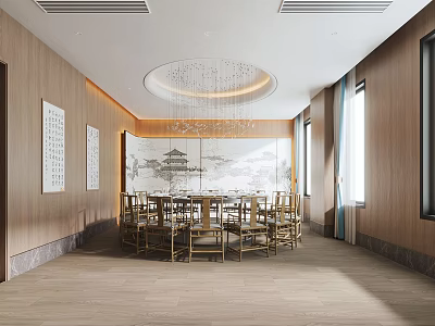 Elegant Private Dining Room Interior With Wooden Walls Round Table Landscape Painting And Natural Light 3d model