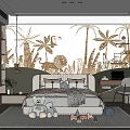 Cozy Kids Room Interior With Palm Tree Wallpaper Stuffed Toys Desk And Chair