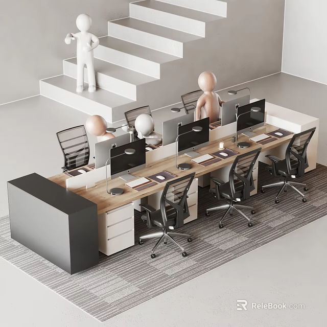 Modern Office Workspace With Multiple Desks Computers And Ergonomic Office Chairs 3d model