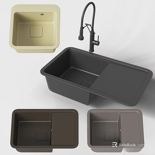 Modern Kitchen Sink With Double Bowl Design In Beige Gray And Brown Colors 3d model 