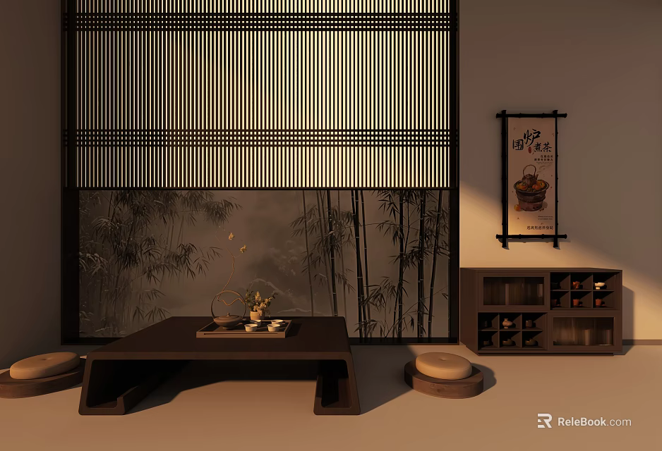Japanese Style Ornament Decor Set With Bamboo Elements Tea Table Small Ornaments And Low Stools 3d model 