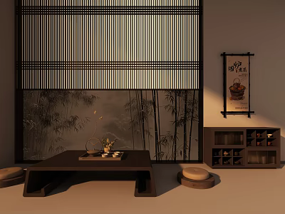Japanese Style Ornament Decor Set With Bamboo Elements Tea Table Small Ornaments And Low Stools 3d model