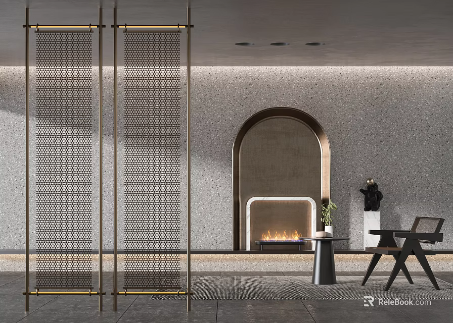 Modern Metal Mesh Room Divider Interior With Textured Wall Fireplace Wooden Chair And Side Table 3d model 