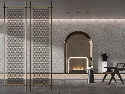 Modern Metal Mesh Room Divider Interior With Textured Wall Fireplace Wooden Chair And Side Table 3d model