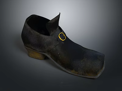 Traditional Wooden Clog With Dark Color Yellow Sole And Golden Buckle For Daily Life 3d model