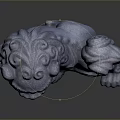 Traditional Chinese Stone Lion Statue With Curled Mane Clutching Decorative Ball