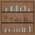 Wooden Cabinet Shelves With Neatly Arranged Cups Teapots Jars And Glassware