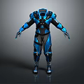 Futuristic Armored Character In Blue And Black Sci Fi Armor Standing Pose