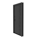 Modern Black Sliding Door With Geometric Pattern Design And Sleek Metal Frame Details