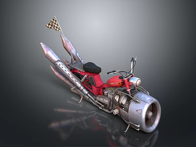 Custom Red and Silver Motorcycle With Rocket Style Exhaust and Checkered Flag Accents 3d model