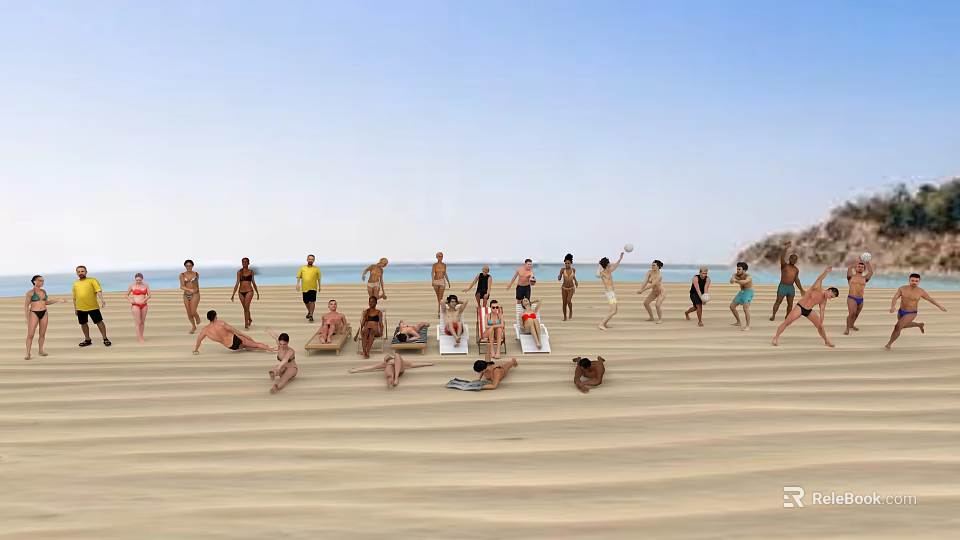 Many People Enjoying Beach Activities Like Lying Sitting And Exercising Under Blue Sky 3d model 