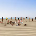 Many People Enjoying Beach Activities Like Lying Sitting And Exercising Under Blue Sky