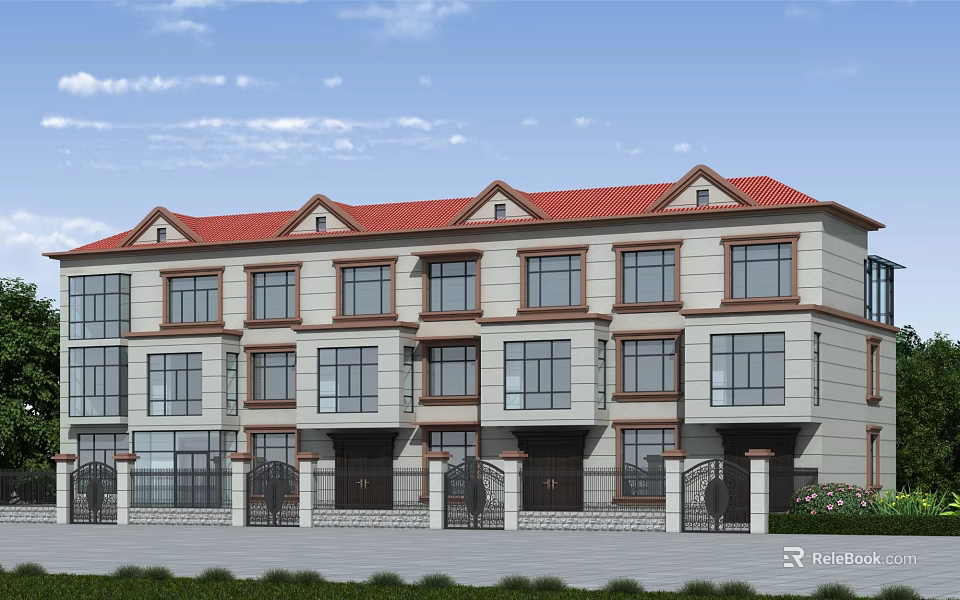 Terraced Townhouse Exterior with Red Roof Beige Walls Multiple Windows Front Gates and Green Plants 3d model 