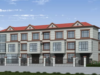 Terraced Townhouse Exterior with Red Roof Beige Walls Multiple Windows Front Gates and Green Plants 3d model
