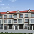 Terraced Townhouse Exterior with Red Roof Beige Walls Multiple Windows Front Gates and Green Plants