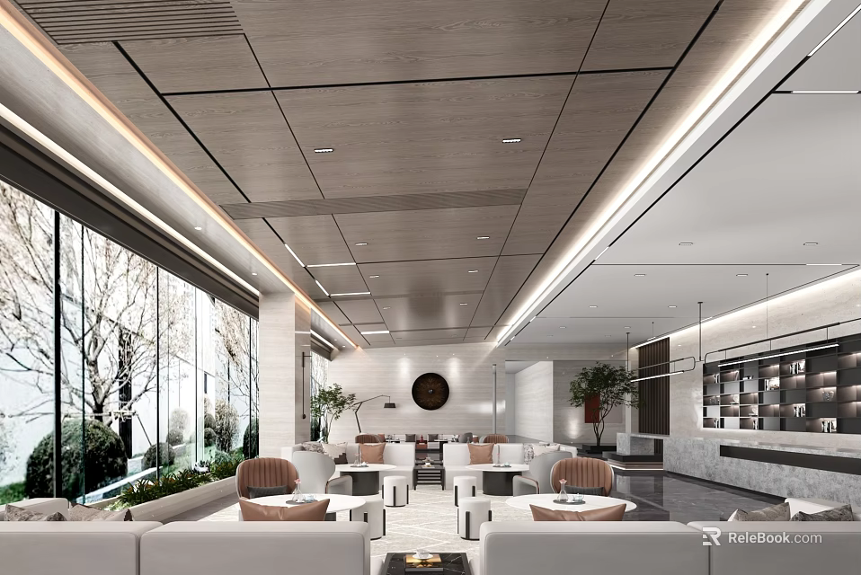 Modern Sales Office Spacious Interior With Large Windows Natural Light Plants Sofas And Round Decor 3d model 