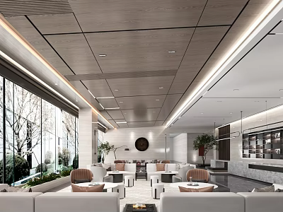 Modern Sales Office Spacious Interior With Large Windows Natural Light Plants Sofas And Round Decor 3d model