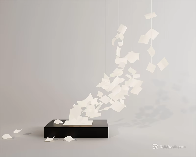 Contemporary Chandelier With Floating White Paper Pieces Scattered From Black Base In Modern Interior 3d model 