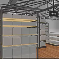 Commercial Display Shelves With Modern Design Wooden Floor And Black Frame Structure
