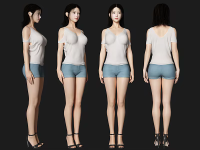 Woman Standing In White Off Shoulder Top Blue Shorts And Black High Heels Four Angles 3d model