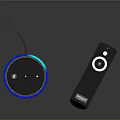 Black Cylindrical Smart Speaker Featuring Mesh Design Blue Top Ring And Remote Control