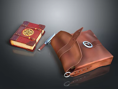 Medieval Witchcraft Kit Setup With Red Cover Book Golden Symbol Knife And Brown Leather Bag 3d model