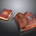 Medieval Witchcraft Kit Setup With Red Cover Book Golden Symbol Knife And Brown Leather Bag