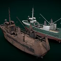 Two Vintage Fishing Boats With Green Brown Hulls And Deck Equipment