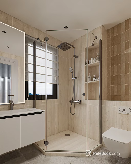 Warm Modern Beige Tiled Bathroom With Glass Shower Enclosure And Built In Storage Niche 3d model 